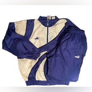 Vintage Puma wind suit, woman, size medium. Jacket and pants, blue and white